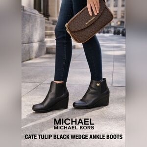 Michael Kors Cate Tulip Black Wedge Ankle Boots Size 4